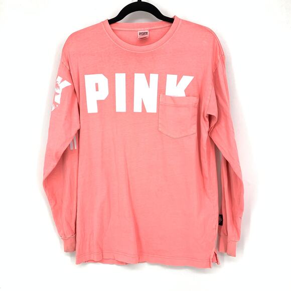 PINK Victoria's Secret Long Sleeve Tee Women's XS Pink Graphic T-Shirt Crew Neck - Picture 1 of 7